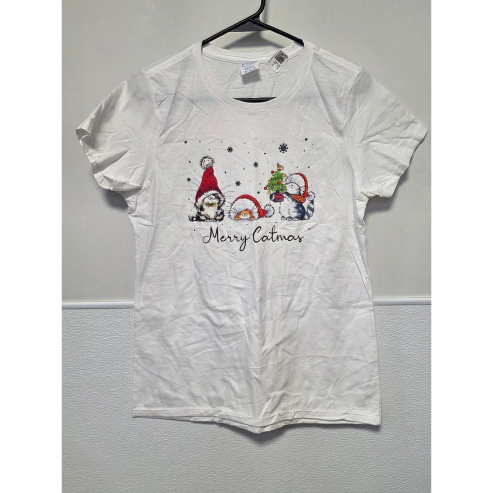 Women's Port & Company White Red Merry Catmas Short Sleeve Tee M